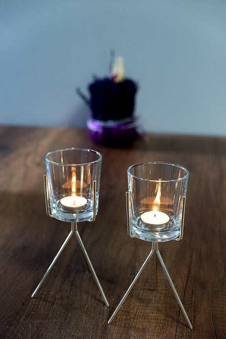 Lux Metal Leg Silver Glass Pot Candle Holder Set of 2 - Swordslife