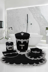 Luxury Black 6 Pcs Lacy Bathroom Dirty Laundry Basket Set Bath Mat Set - Swordslife