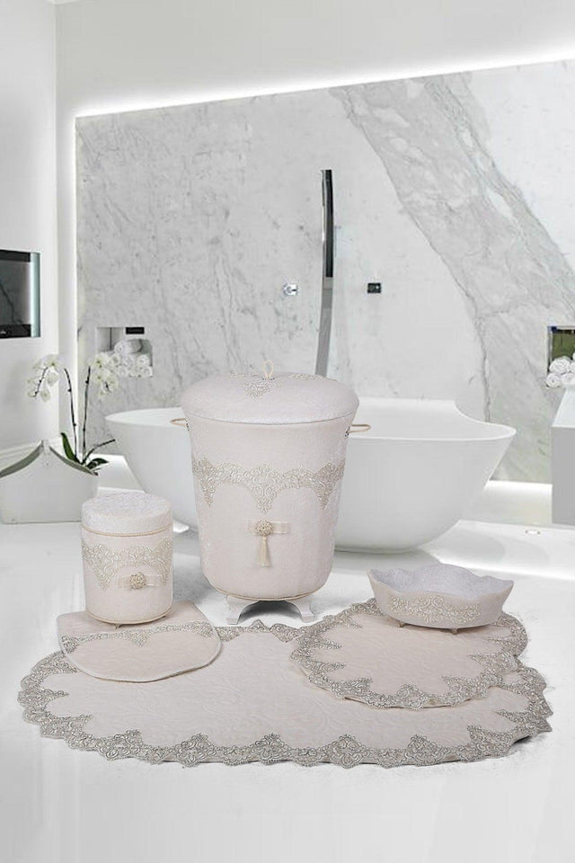 Luxury Cream 6 Pcs Lacy Bathroom Dirty Laundry Basket Set + Bath Mat Set - Swordslife