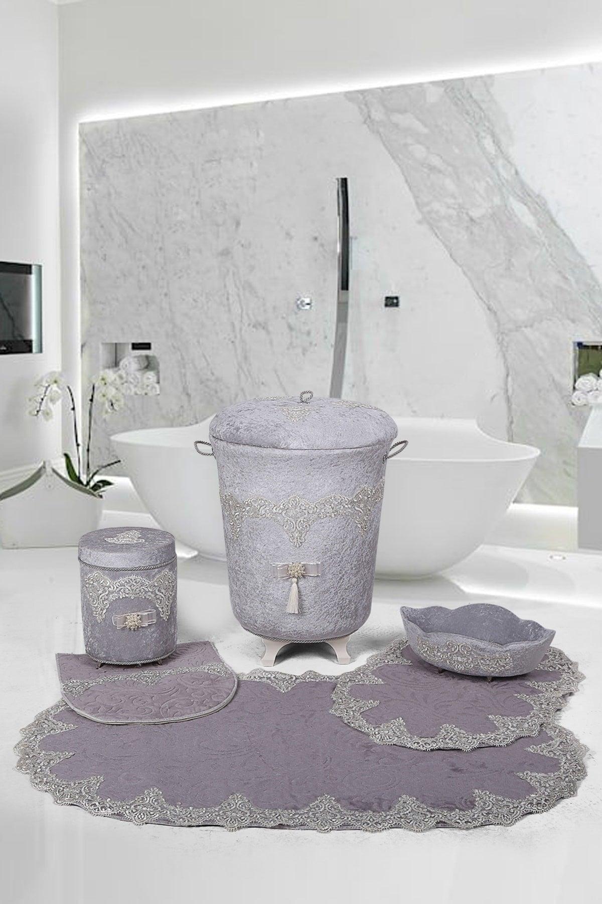 Luxury Gray 6 Pcs Lacy Bathroom Dirty Laundry Basket Set Bath Mat Set - Swordslife