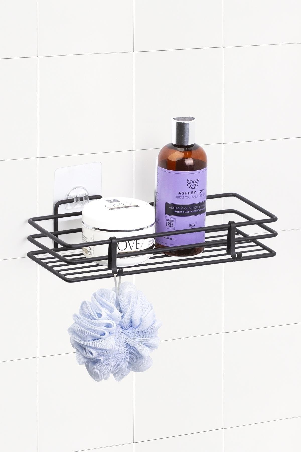 Magic Fix Black Bathroom Shelf with Magic Adhesive Hooks - 13x30 Cm - Swordslife