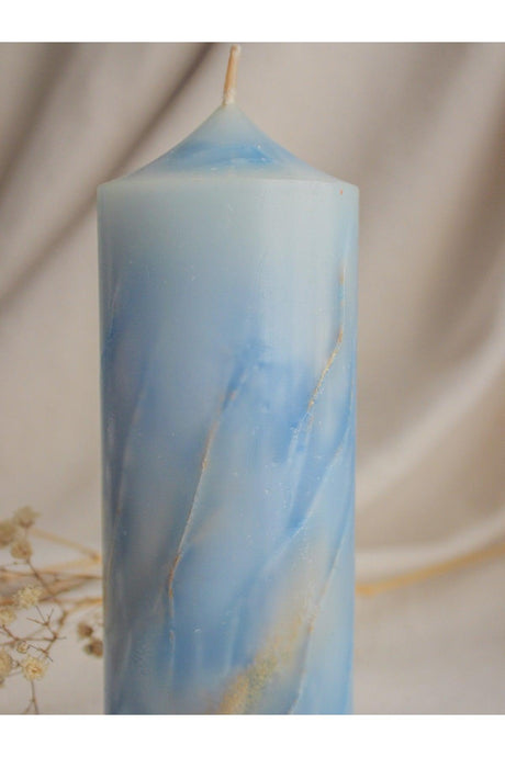 Marble Textured Pillar Candle, Gold Detail, Special Design (MARBLE) (BLUE) - Swordslife