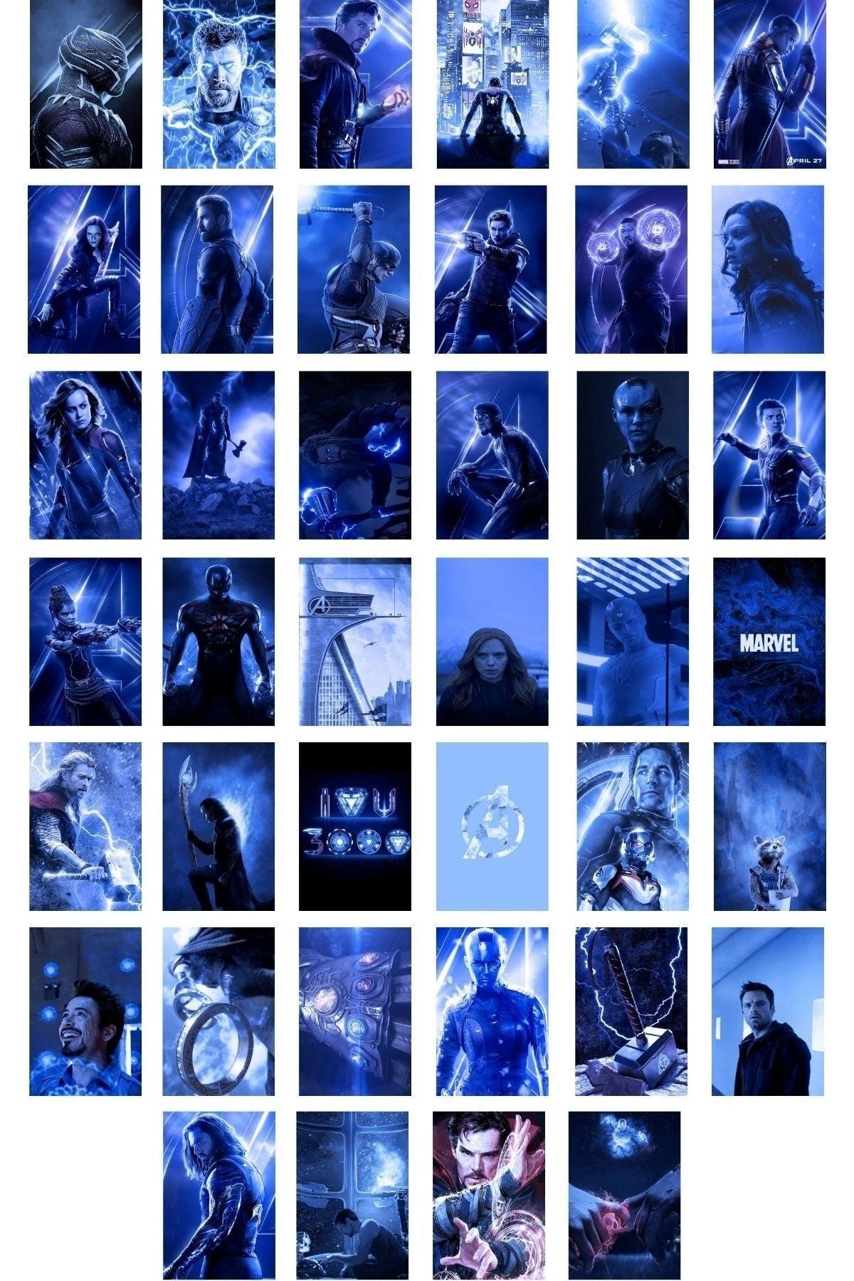 Marvel Wall Poster Collage Set Blue Themed Avengers Poster 40 Pieces With Adhesive Back Box - Swordslife