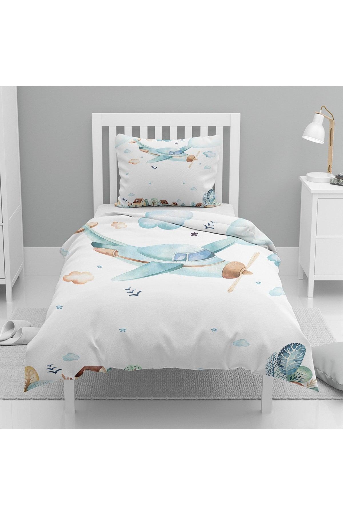 Blue Cloudy Airplane City Patterned Single Duvet Cover Set for Kids - Swordslife