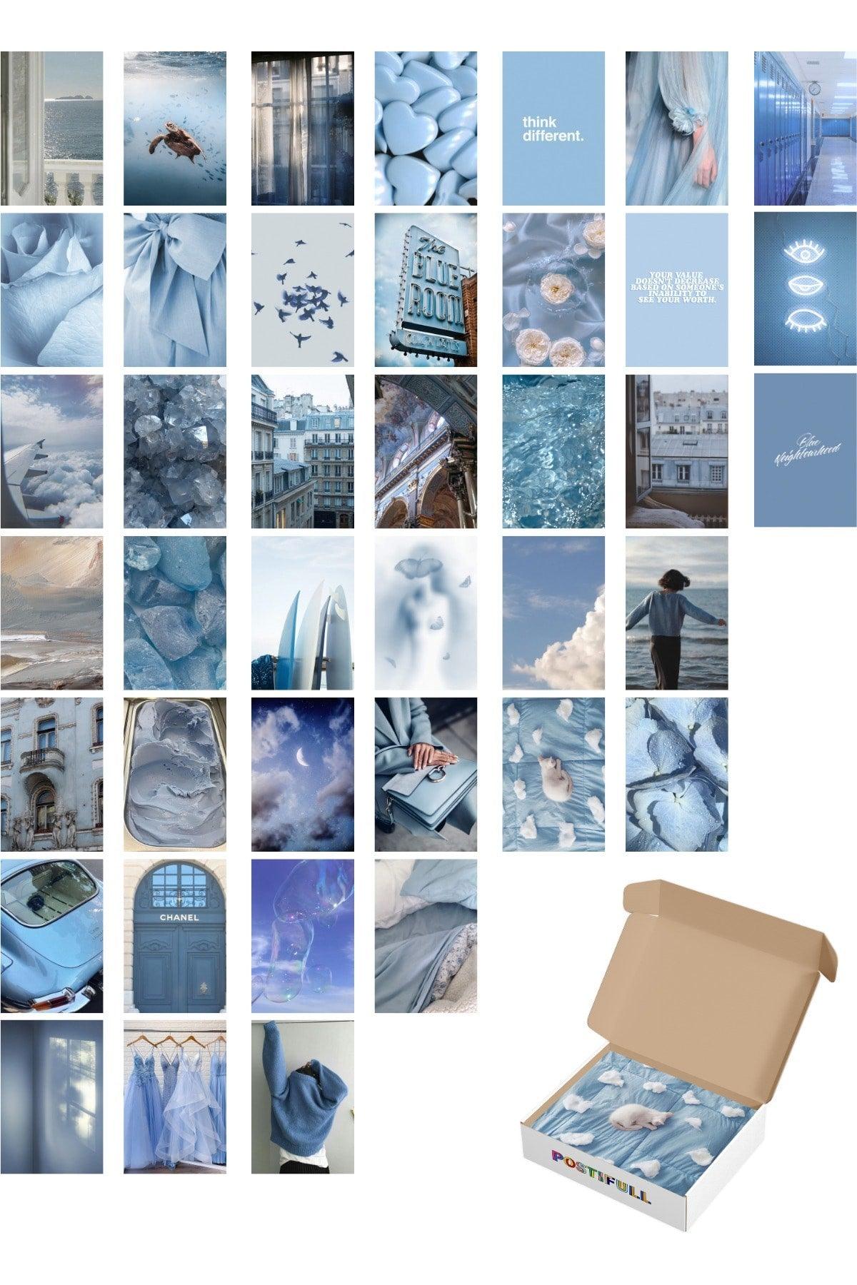 Blue Wall Poster Collage Set - 40 Pieces - Adhesive Back Poster Set - 10cm*15cm - Set with Box - Swordslife