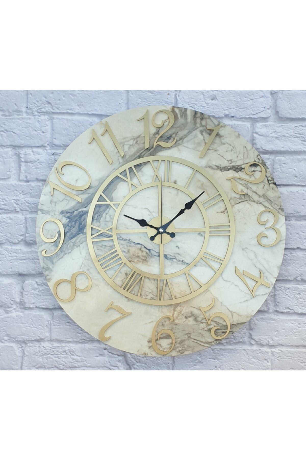 Marble Patterned Gold Color Numeral Wall Clock Diameter 50 Cm - Swordslife