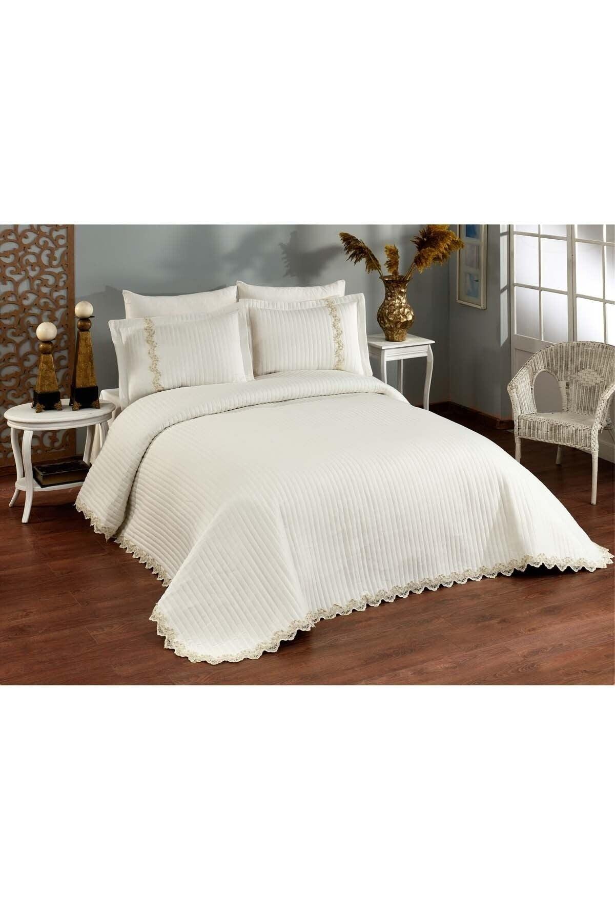 Mihrimah Lace Double 100% Cotton Bedspread ( Pique ) Set Cream - Swordslife