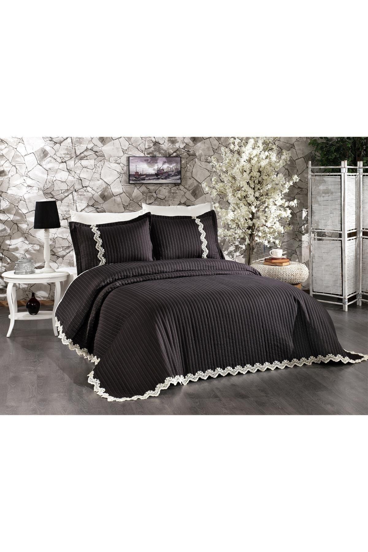 Mihrimah Lace Double 100% Cotton Bedspread ( Pique ) Set Black - Swordslife