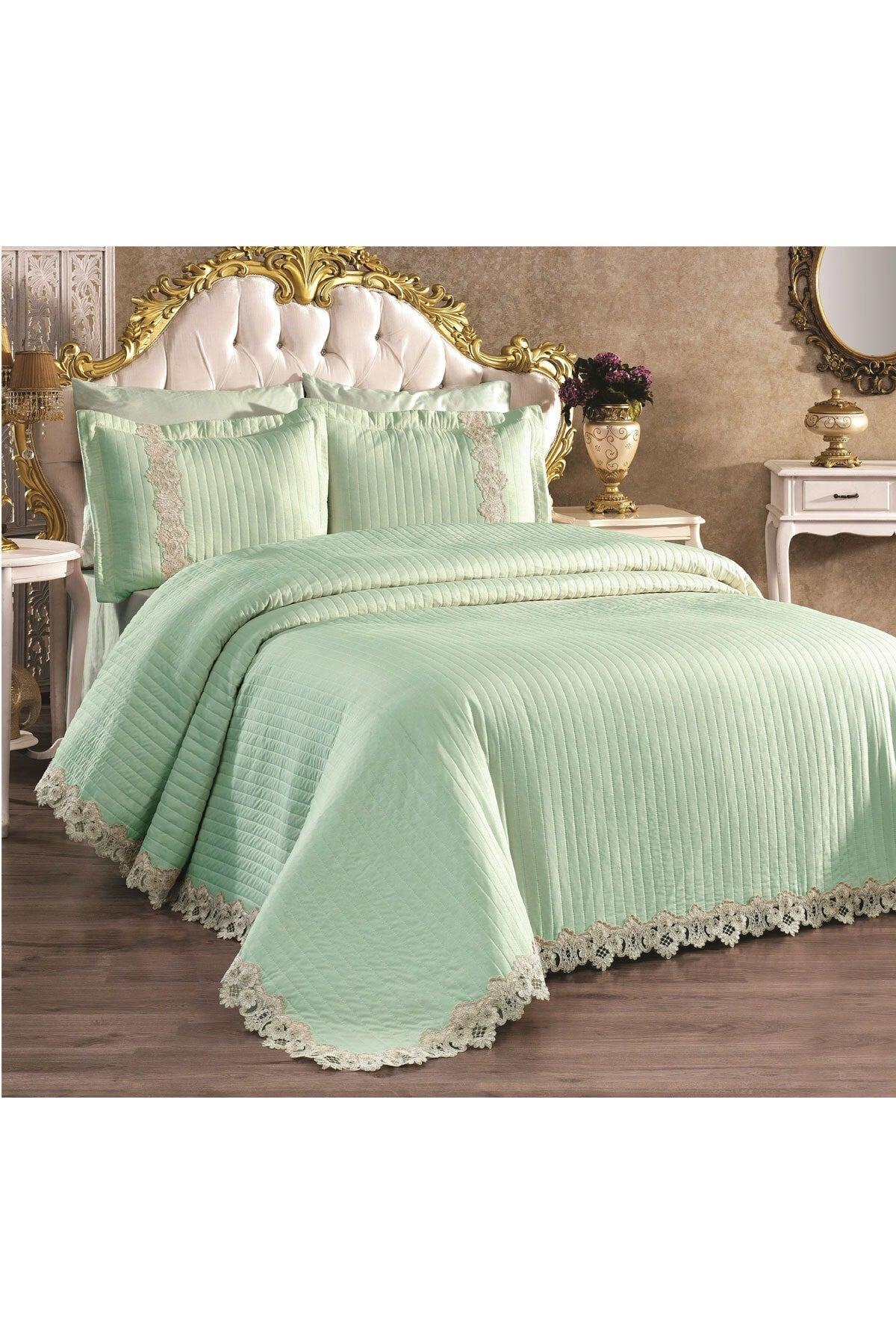 Mihrimah Lace Double 100% Cotton Bedspread ( Pique ) Set Green - Swordslife