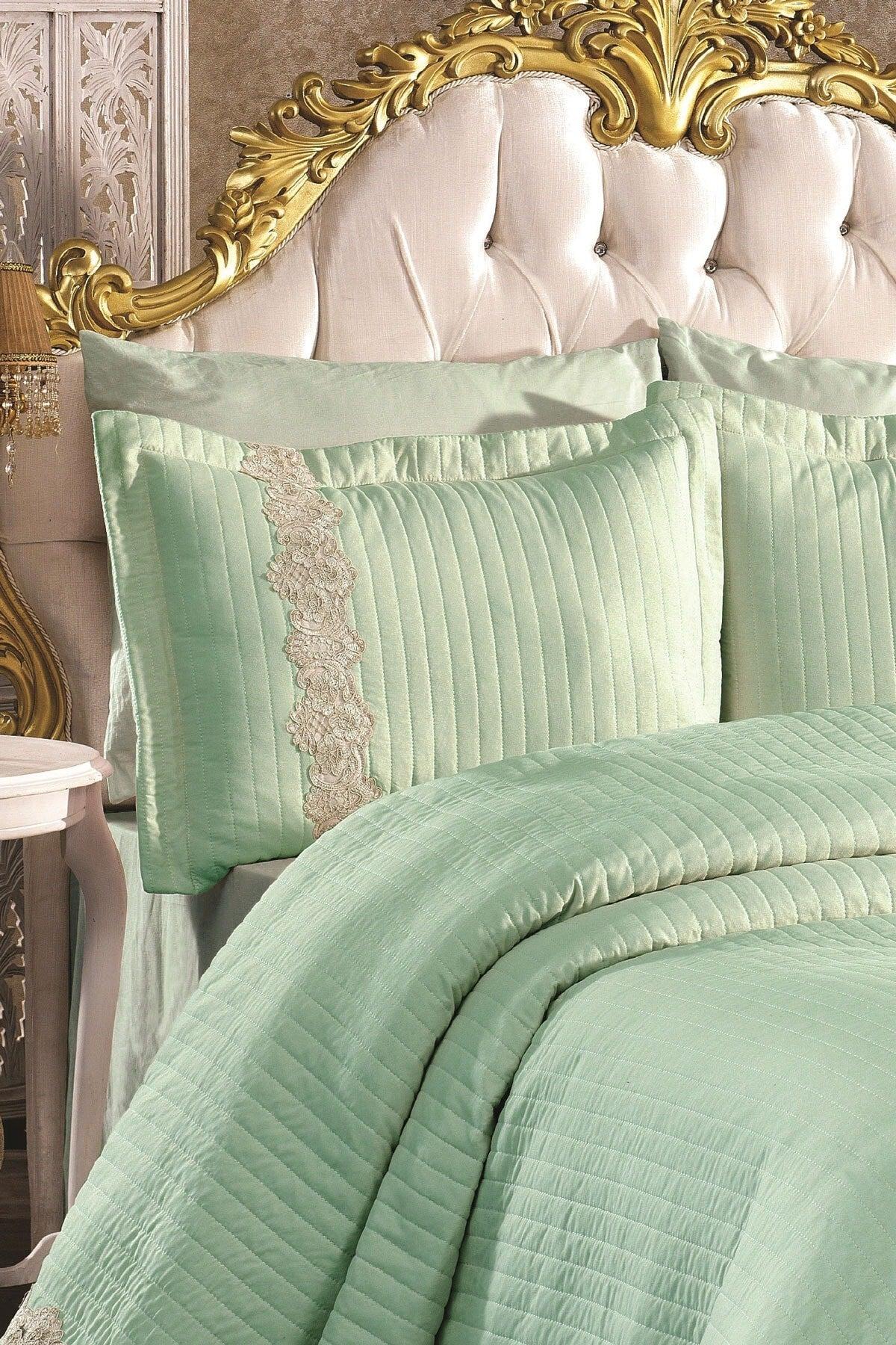 Mihrimah Lace Double 100% Cotton Bedspread ( Pique ) Set Green - Swordslife