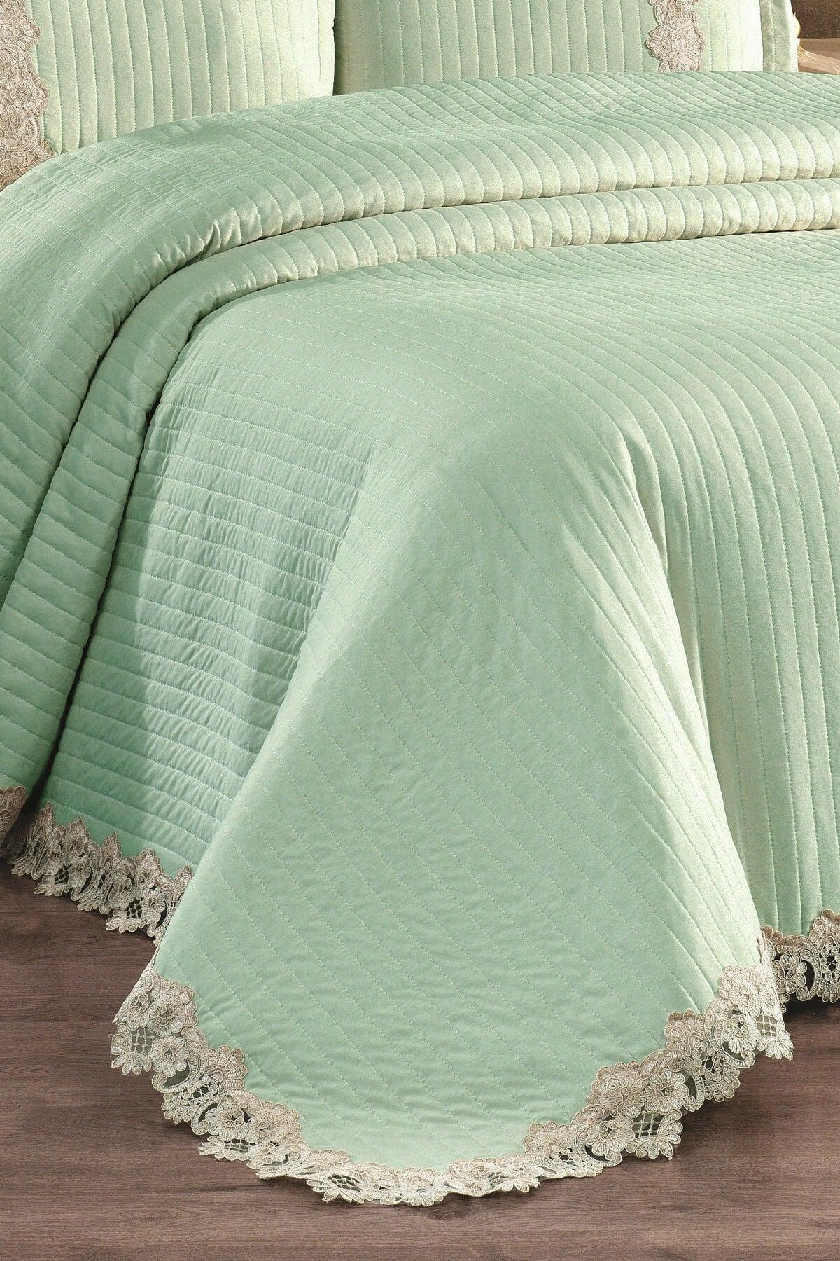 Mihrimah Lace Double 100% Cotton Bedspread ( Pique ) Set Green - Swordslife