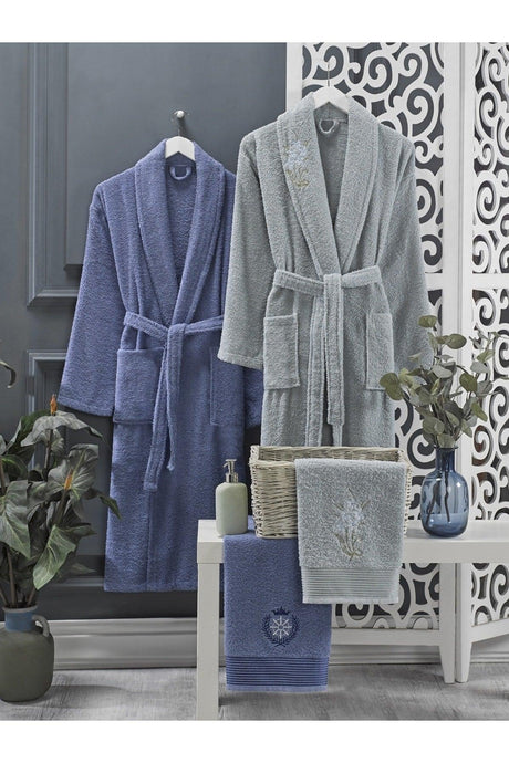 Mint Navy Blue Towel Bathrobe Set of 4