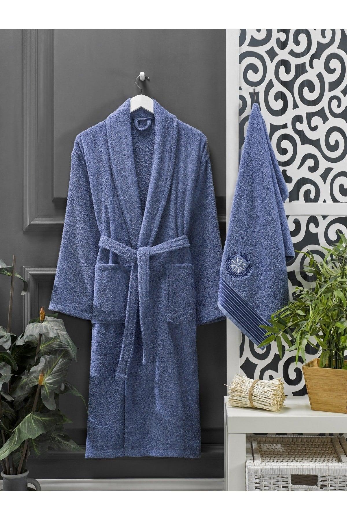 Mint Navy Blue Towel Bathrobe Set of 4