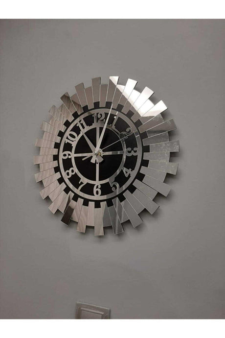 Modern Silver Sun Wall Clock Decorative Turkish Numeral Mdf Mirrored Plexi 40x40 Cm - Swordslife