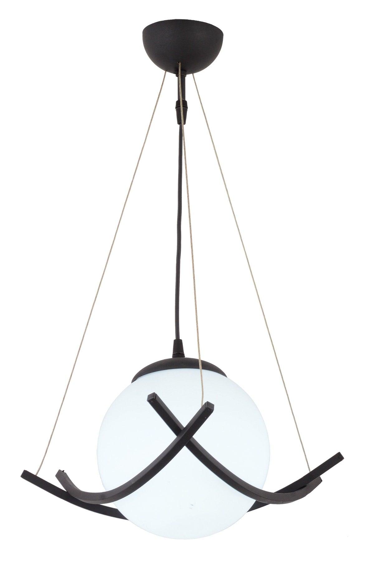 Modern Single Chandelier Opal Glass, Black Metal Body - Swordslife