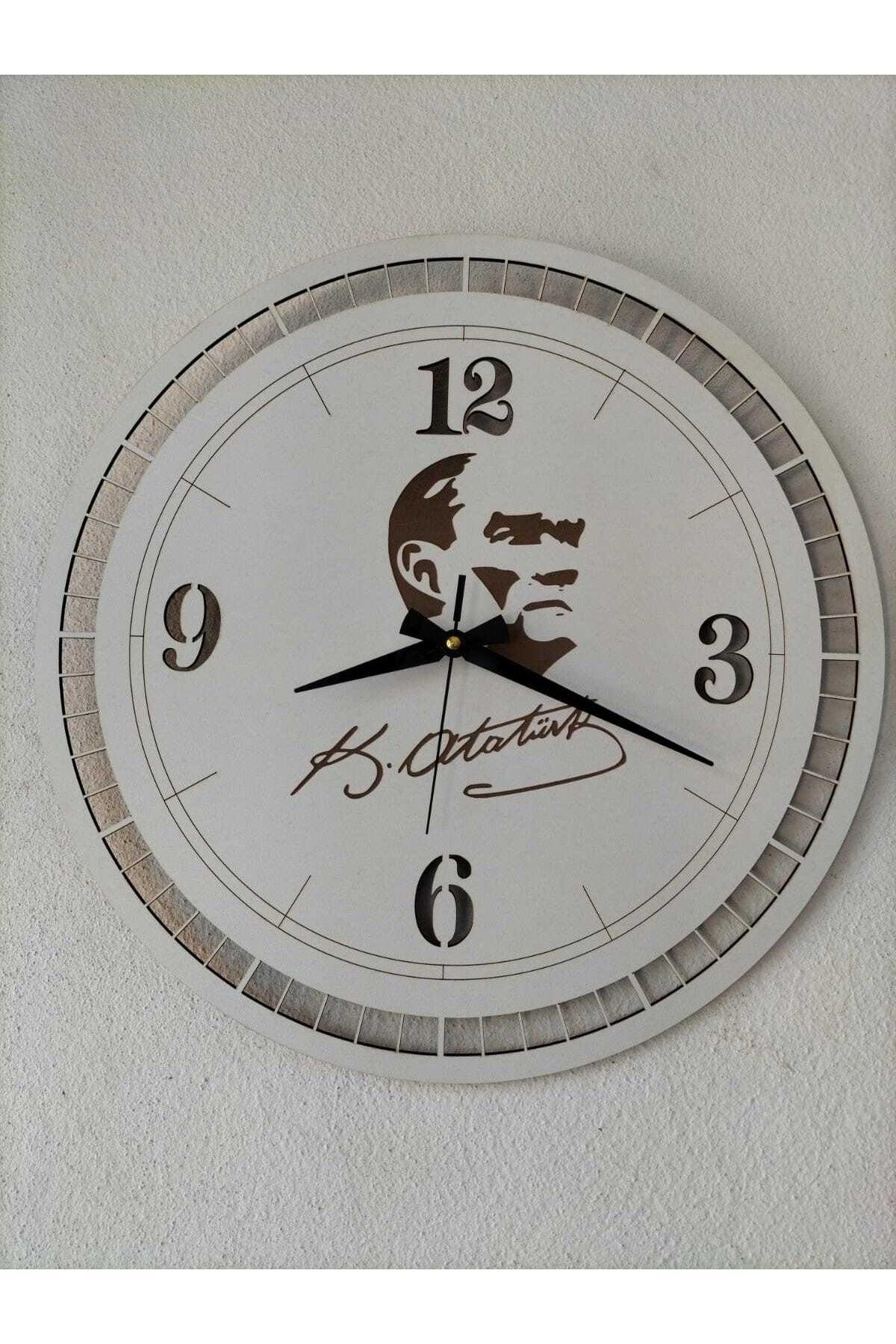 Mustafa Kemal Atatürk Silhouette Wall Clock White Mdf 40 Cm Modern Decorative Stylish - Swordslife