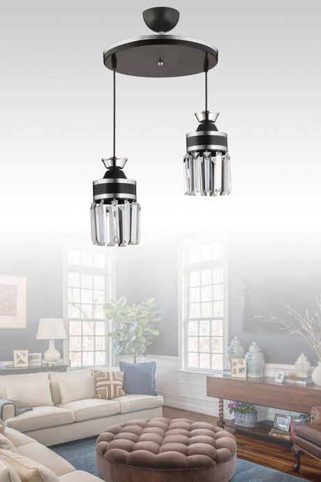 Nairobi 2-Piece Black Pendant Lamp Crystal Stone Chrome Striped Cylinder Downward Facing Luxury Chandelier - Swordslife