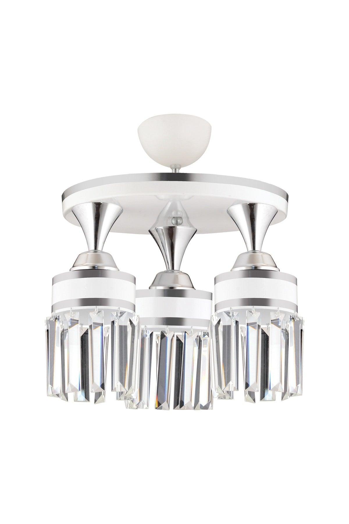 Nairobi 3-Set White Plafonyer Crystal Stone Chrome Striped Cylinder Downward Facing Luxury Chandelier - Swordslife