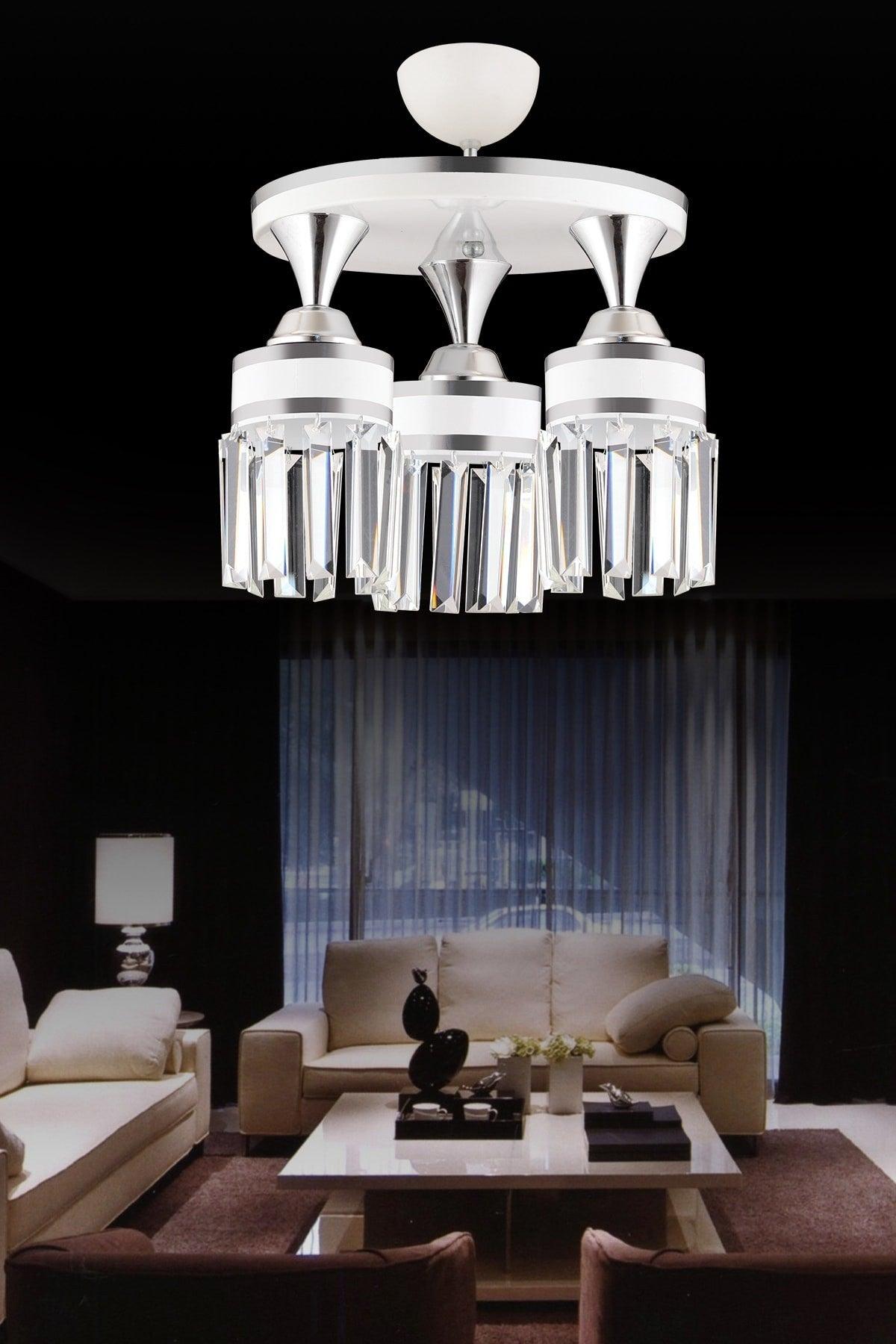 Nairobi 3-Set White Plafonyer Crystal Stone Chrome Striped Cylinder Downward Facing Luxury Chandelier - Swordslife