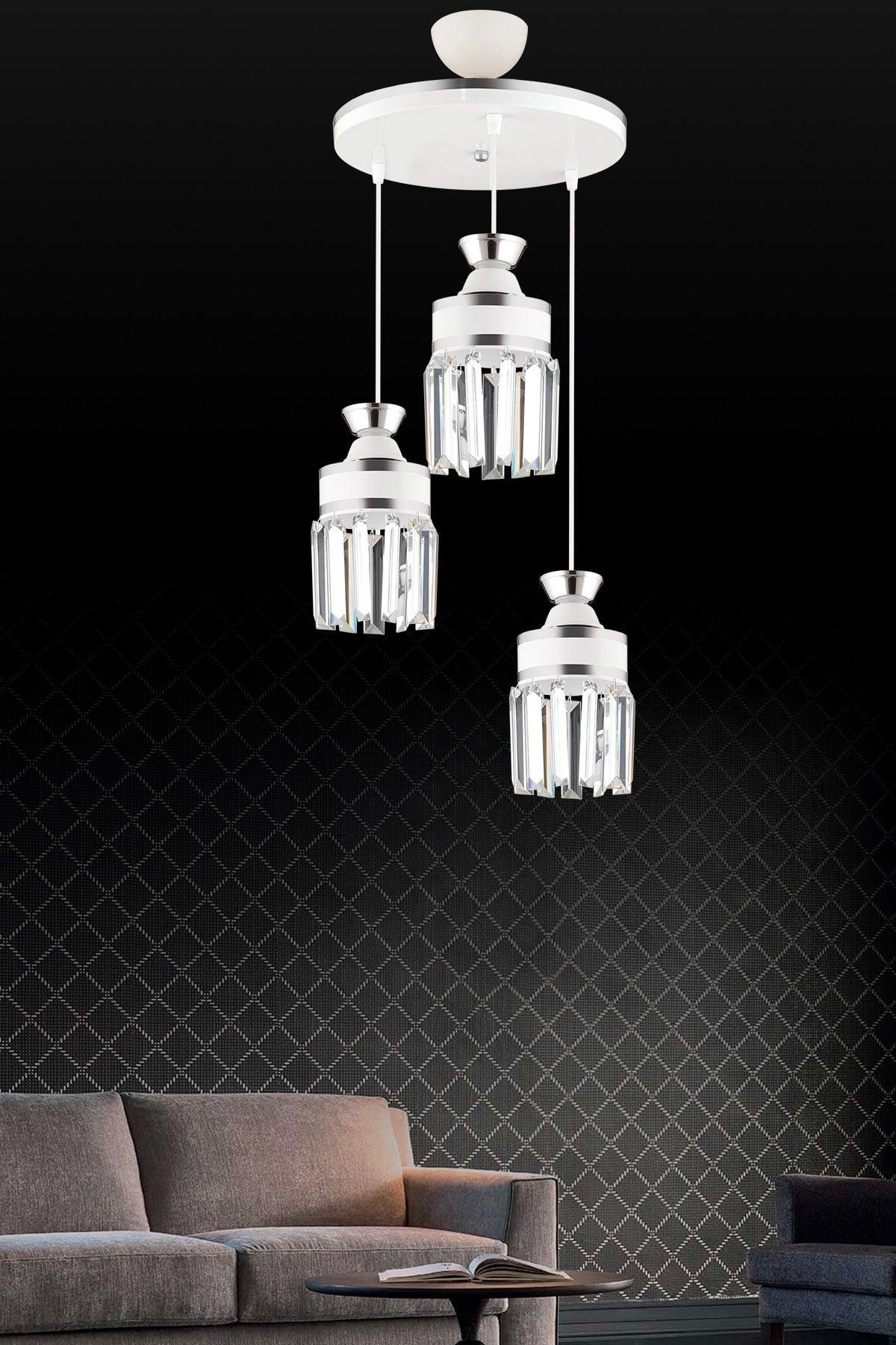 Nairobi 3-Piece White Pendant Crystal Stone Chrome Strip Cylinder Downward Facing Luxury Chandelier - Swordslife