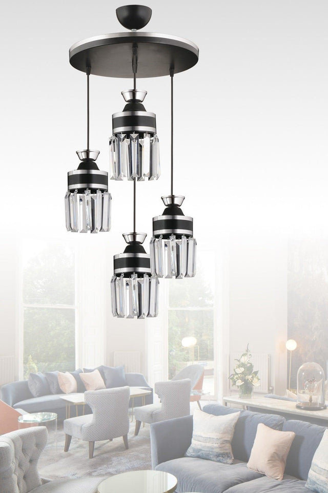 Nairobi 4-Piece Black Pendant Lamp Crystal Stone Chrome Strip Cylinder Downward Facing Luxury Chandelier - Swordslife