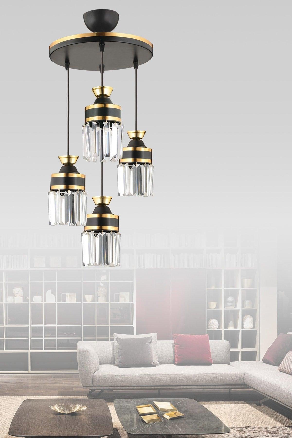 Nairobi 4-Piece Black Suspension Crystal Stone Yellow Striped Cylinder Downward Facing Luxury Chandelier - Swordslife