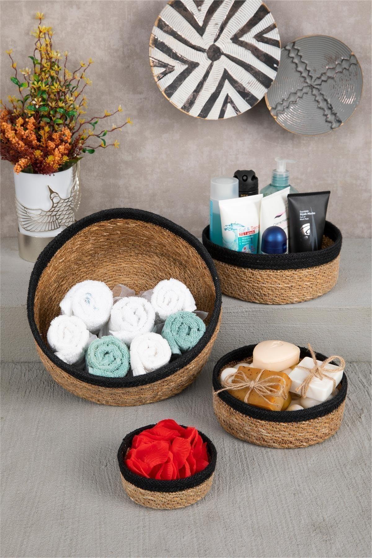 Natural Wicker Basket Organizer, Bathroom Organizer, 4 Sizes with Black Stripe - Swordslife