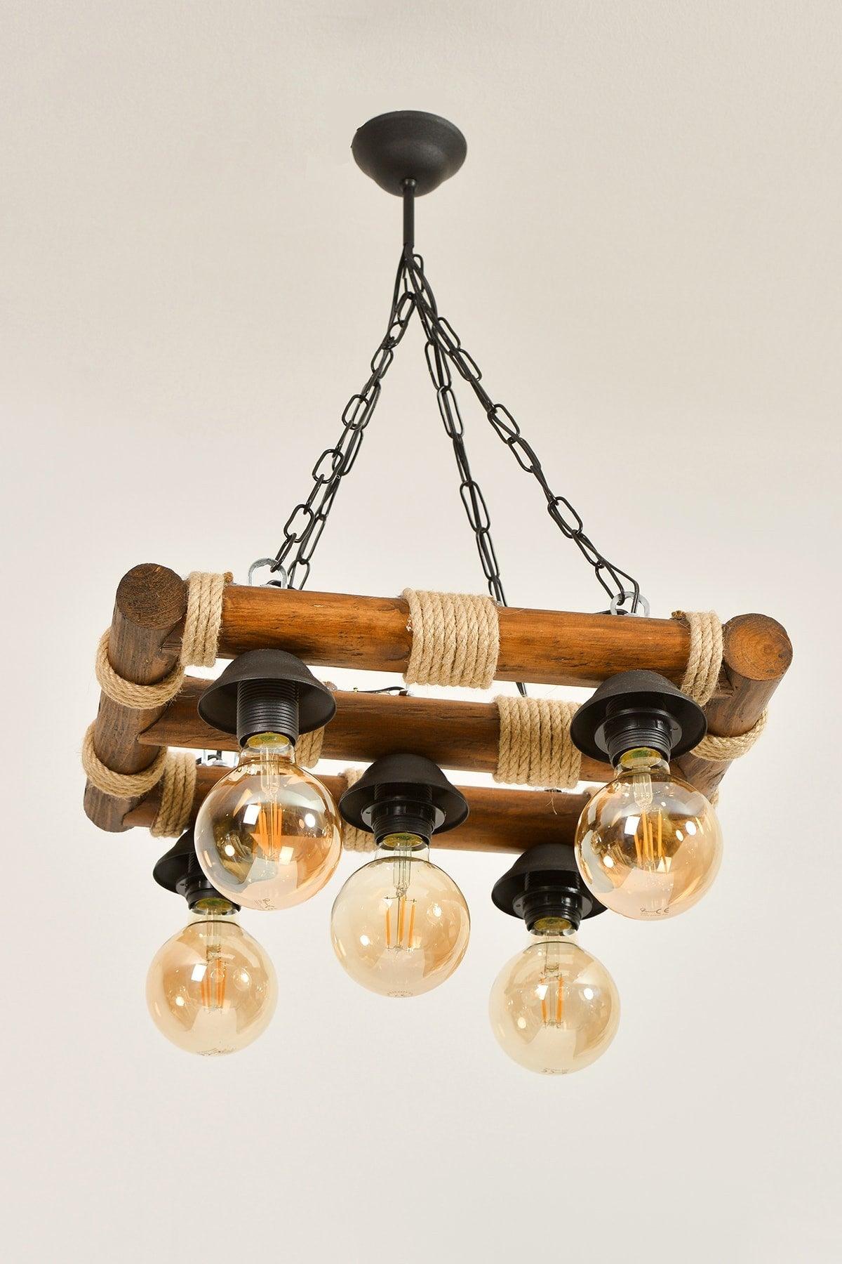 Natural Wood Handcrafted 5 Pcs Living Room Chandelier With Rope - Swordslife