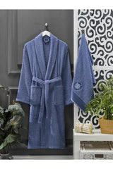 Navy Blue Towel Bathrobe Set of 2