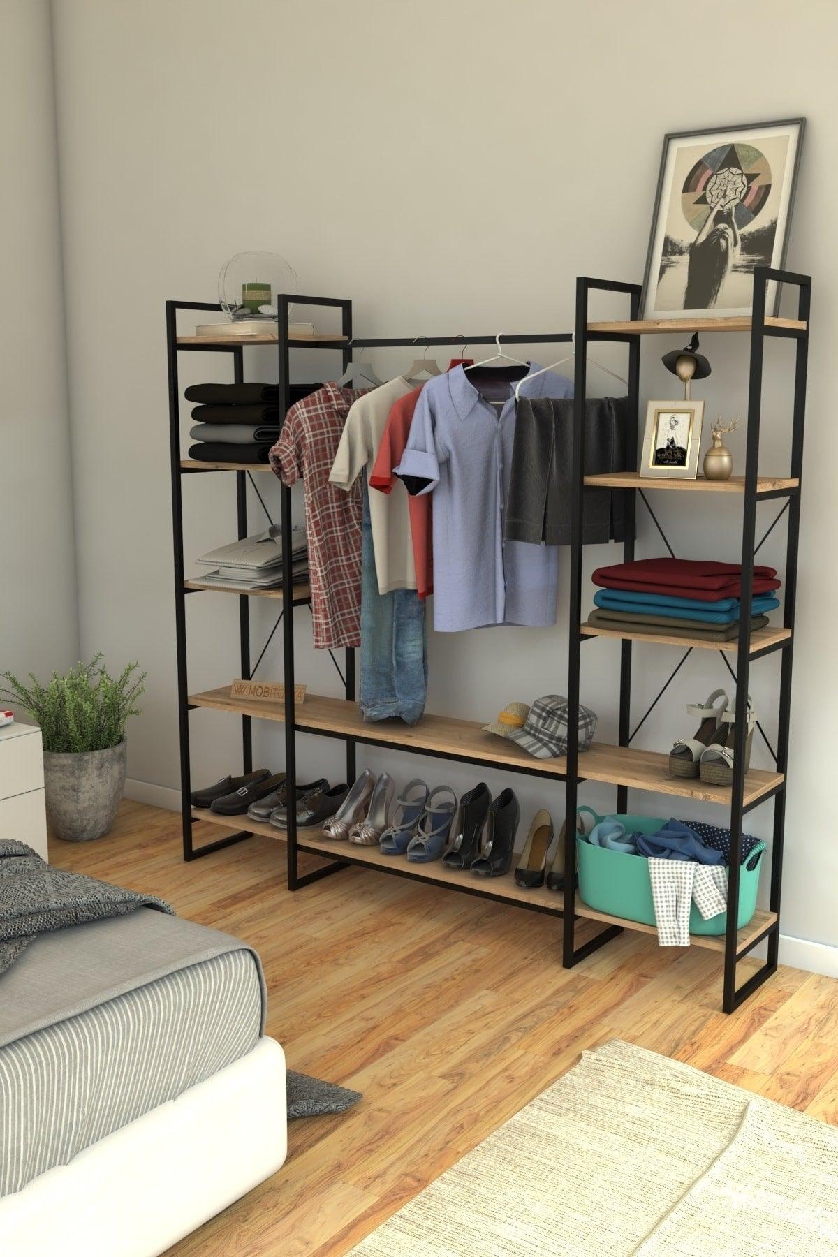 Nilamu Wardrobe, Metal Hardware, Atlantic Pine, Open Wardrobe, Organizer, Coat Rack - Swordslife