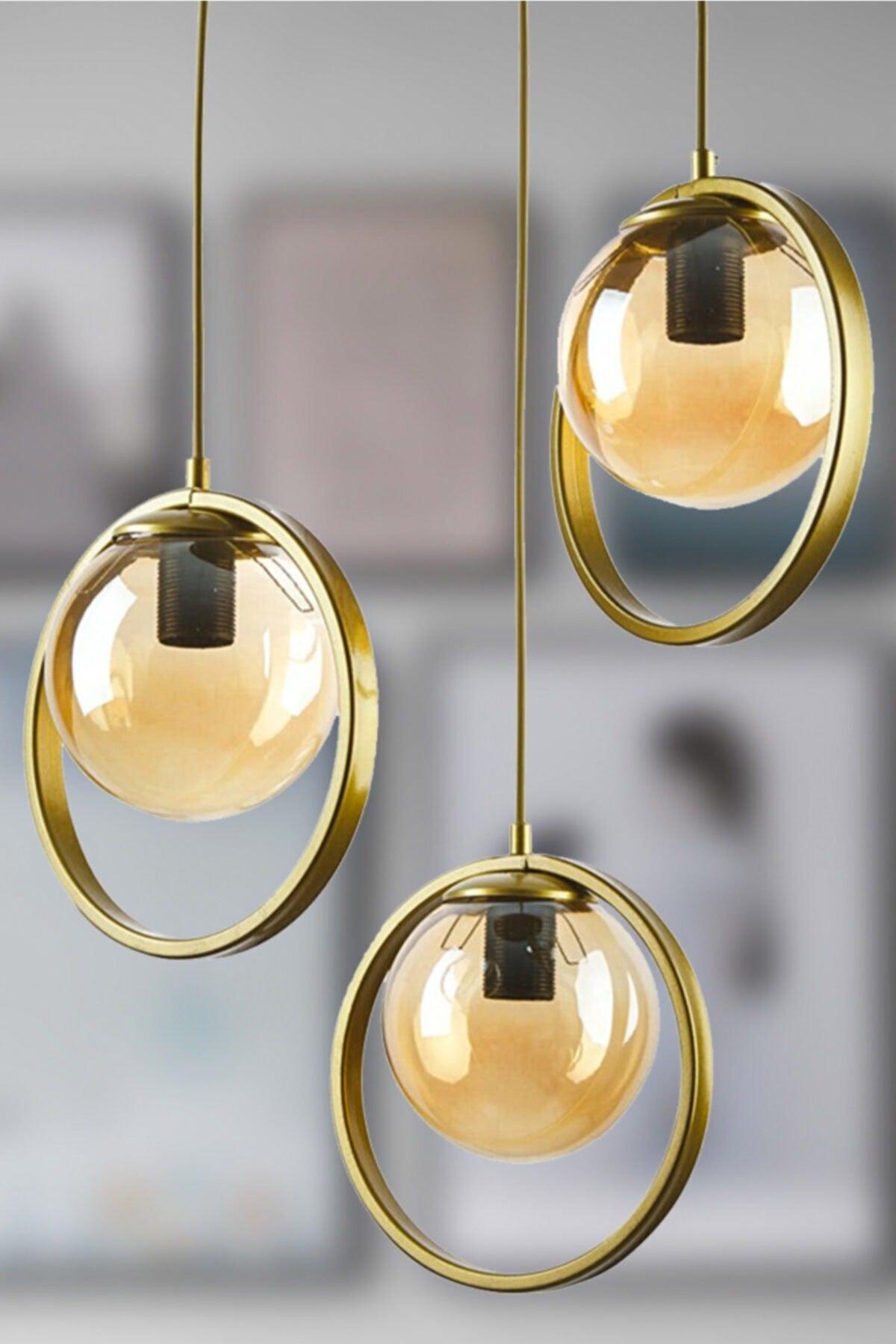 Nina Modern Metal Gold Farbe Ringed Indoor Ball Glas Sarkıt Salon - Küche - Schlafzimmer 3 Lü Chandelier - Swordslife