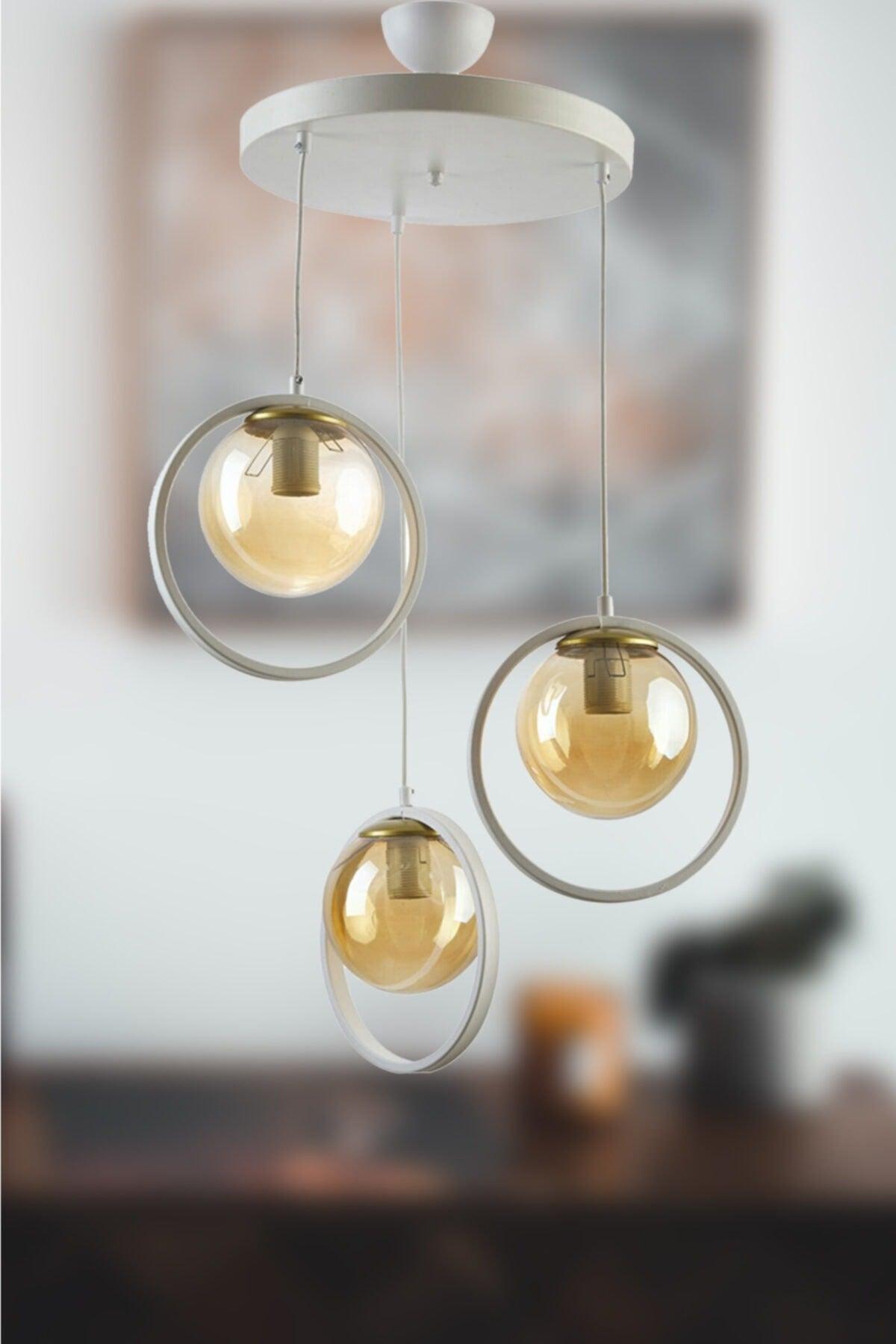 Nina Modern Metal Weiße Farbe Ringen Indoor Ball Glas Sarkıt Salon - Küche - Schlafzimmer 3 Lü Chandelier - Swordslife