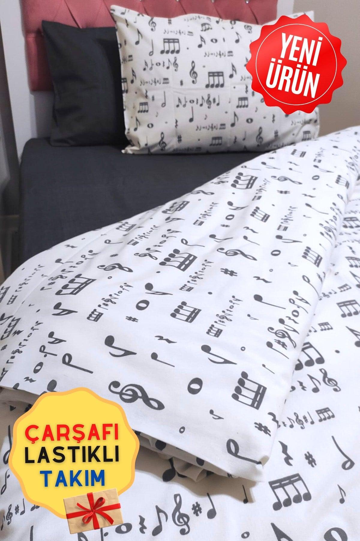 Note Patterned Anthracite-white Young Music Elastic Fitted Single Duvet Cover Set - Swordslife