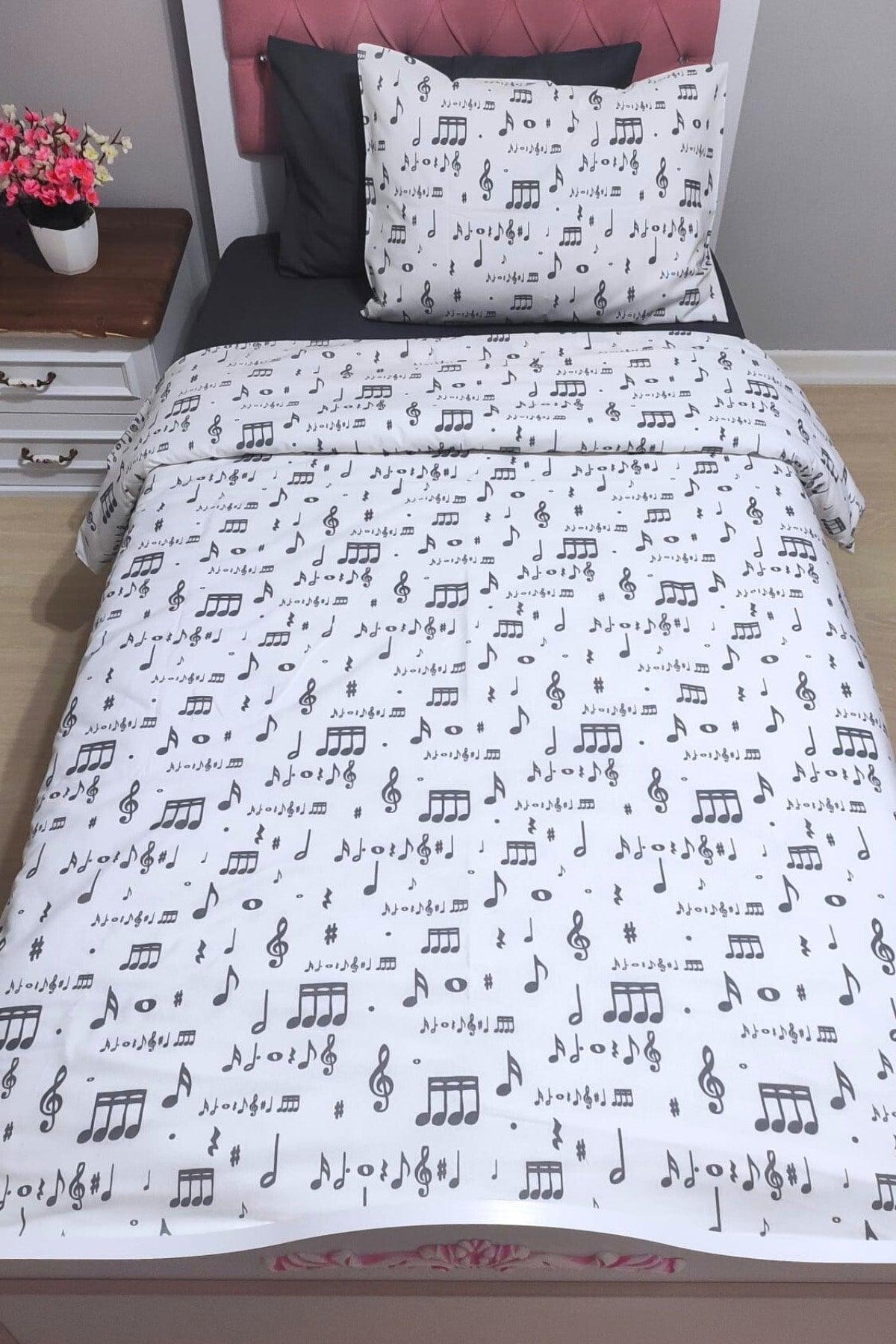 Note Patterned Anthracite-white Young Music Elastic Fitted Single Duvet Cover Set - Swordslife