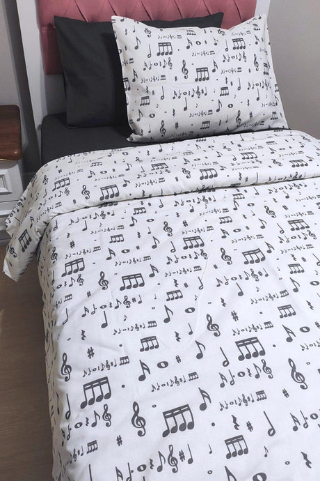 Note Patterned Anthracite-white Young Music Elastic Fitted Single Duvet Cover Set - Swordslife