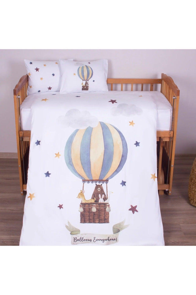 Organic Printed Cotton Satin Baby Duvet Cover Set - Teddy Bear, Flying Balloon And Star Themed - Swordslife