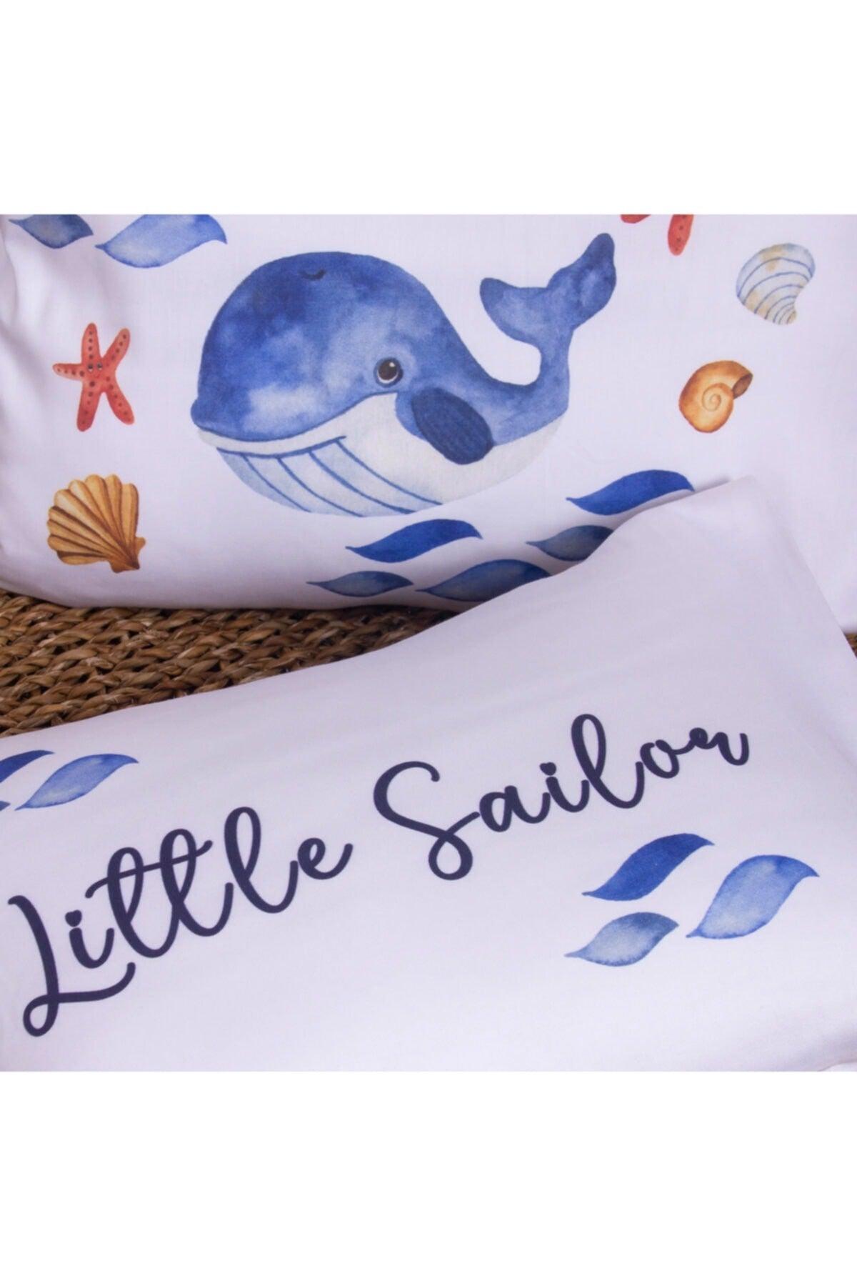 Organic Muslin Pique And Cotton Satin Baby Duvet Cover - Whale And Sea Theme - Swordslife