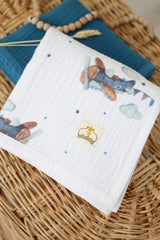 Organic Cotton 4-Ply Patterned Muslin Baby Blanket - Airplane And Star Themed - Swordslife