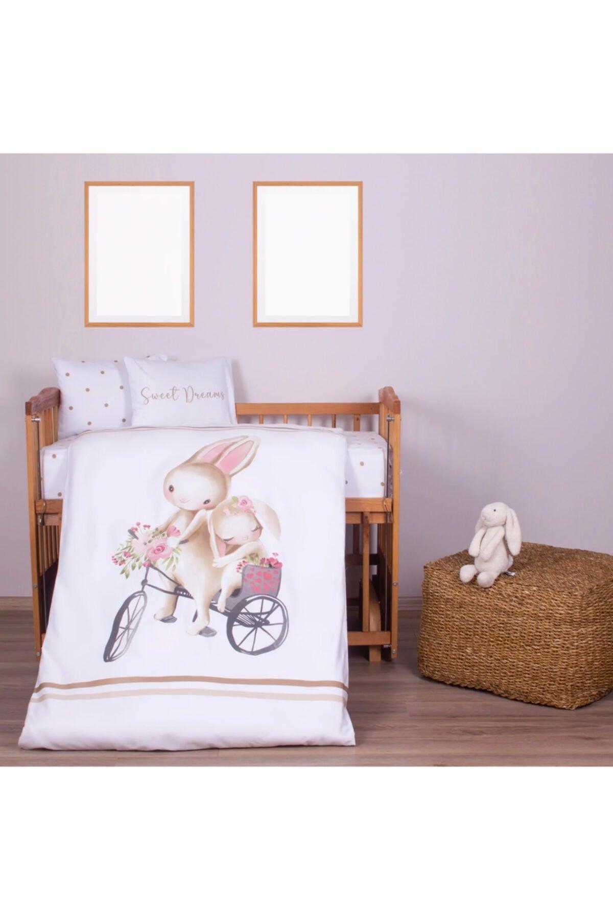 Organic Full Set Printed Cotton Satin Baby Duvet Cover Set - Polka Dot And Rabbit Themed - Swordslife