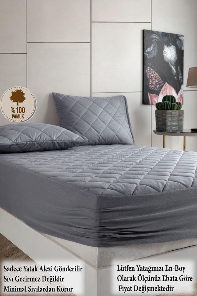 Pamukkale Colored Mattress Gray Quilted Mattress Protector Fitted Mattress Bed Sheet 100% Cotton - Swordslife