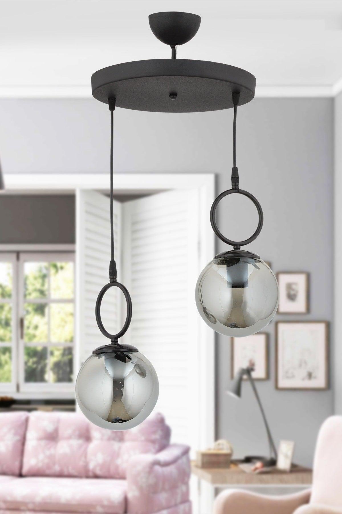 İnci 2 Li Modern Smoked Globe Glass Pendant Lamp Chandelier - Swordslife