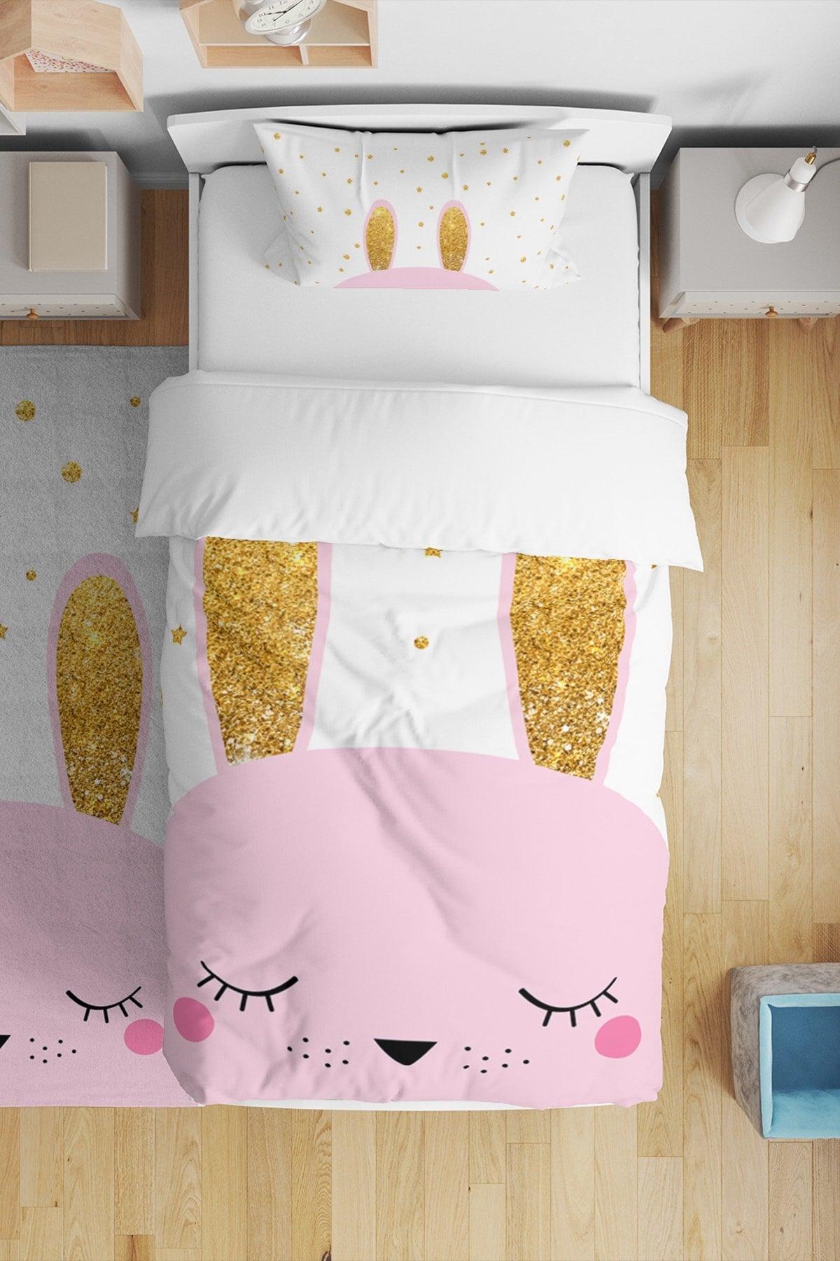 Pink Shimmering Rabbit Patterned Single Child Duvet Cover Set - Swordslife