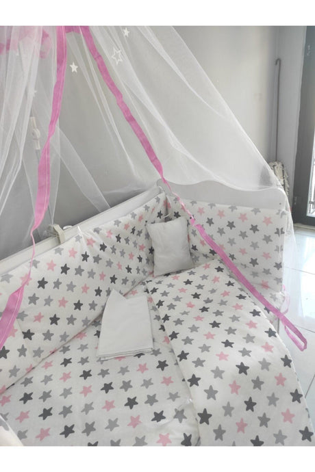 Pink Star Baby Crib Sleeping Set 60x120 Cotton 9 Pcs Mosquito Net And Apparatus Gift - Swordslife