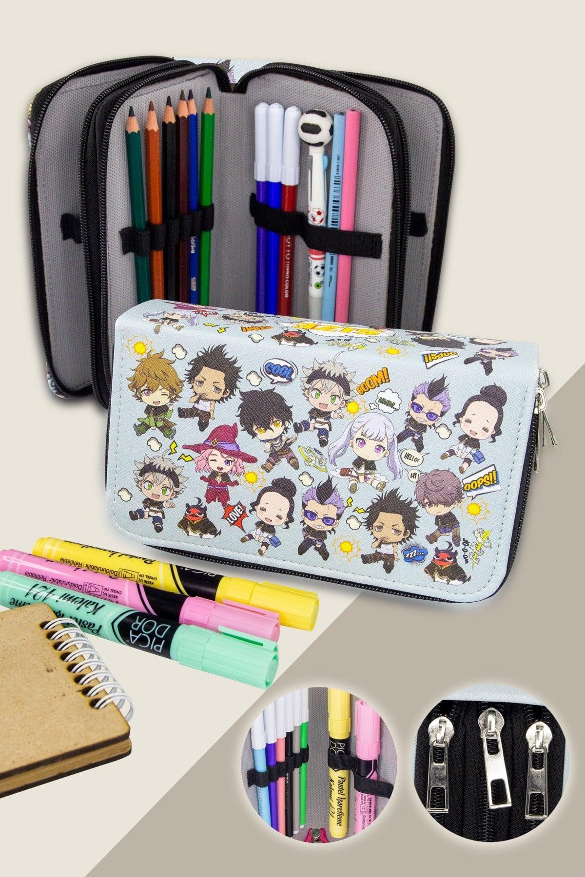 Pencil Case Anime Black Three Compartment Vegan