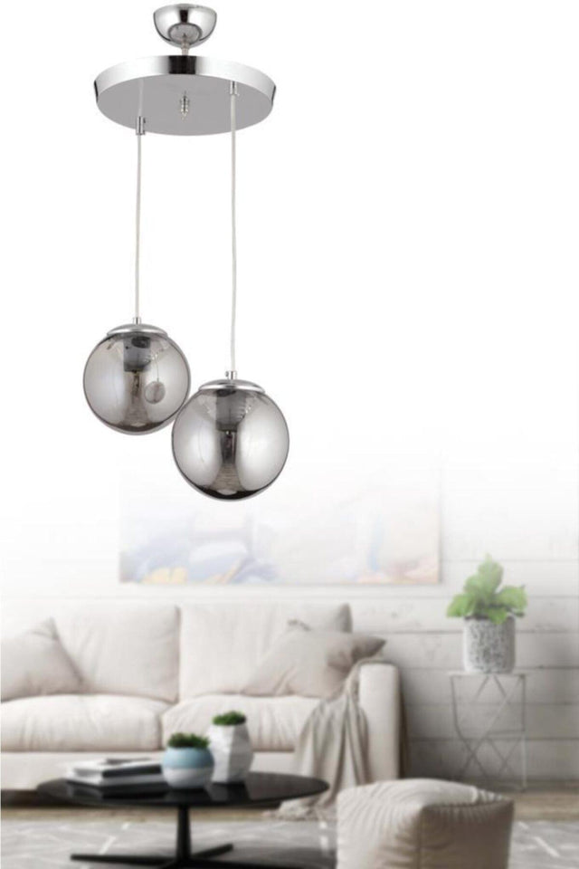 Pendant Lamp 2 Silver Smoked Globe Glass Chandelier - Swordslife