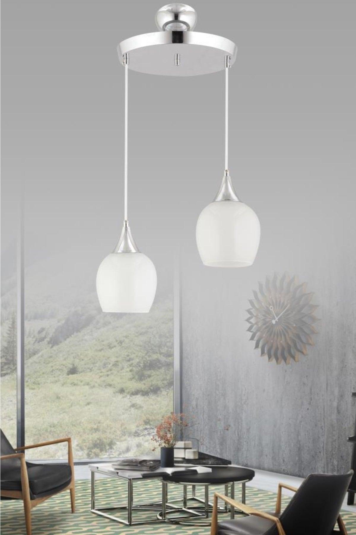 Pendant Lamp 2 Silver White Opaque Glass Chandelier - Swordslife