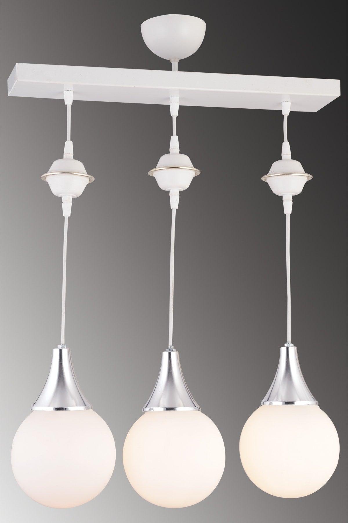 Luxurious Chandelier With Suspension Row White 3 Pcs. White Globe Glass Chrome Downward Facing - Swordslife