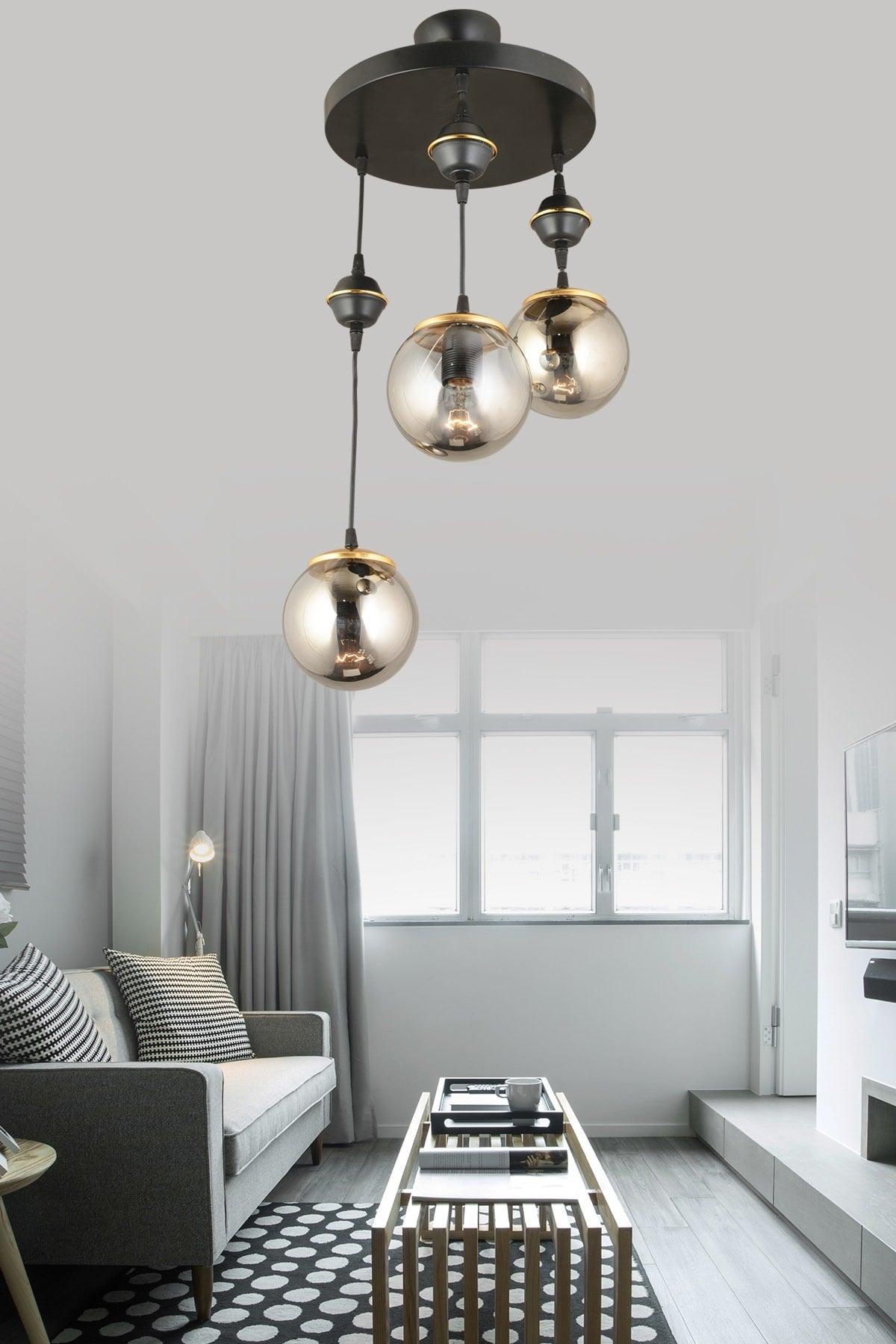 Suspended Tray Black 3-Set Smoked Globe Glass Downward Facing Luxury Chandelier - Swordslife