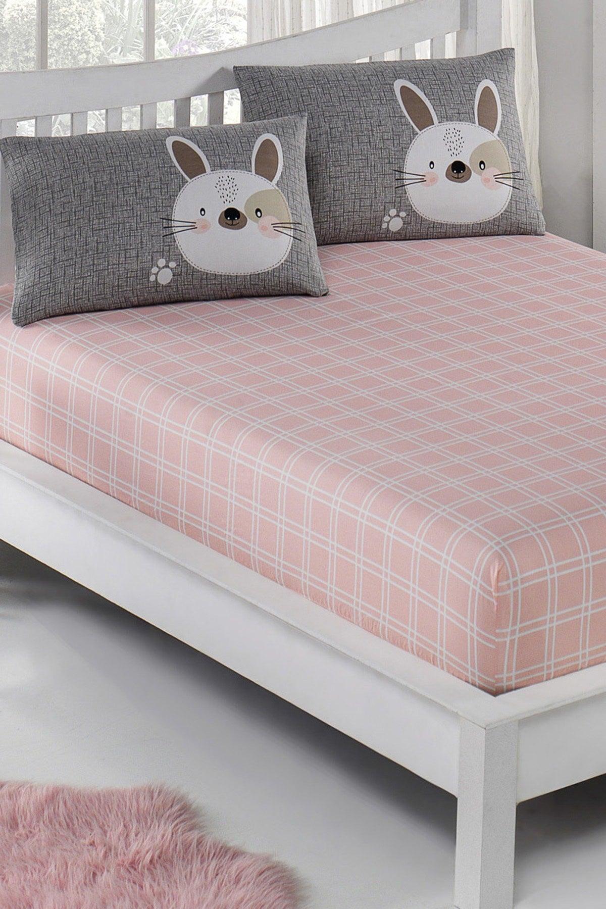 Pes Elastic Bed Sheet Set Single Rabbit A.Brown-Grey-Pink - Swordslife