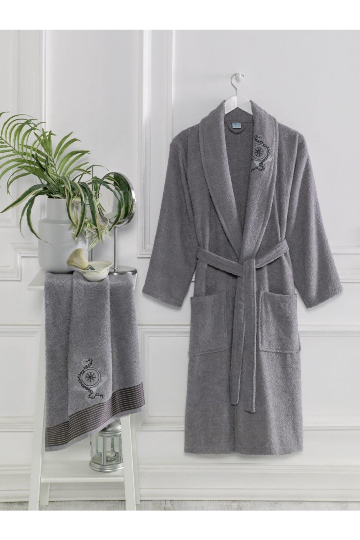 Large Size Towel Bathrobe Set of 2 Anthracite